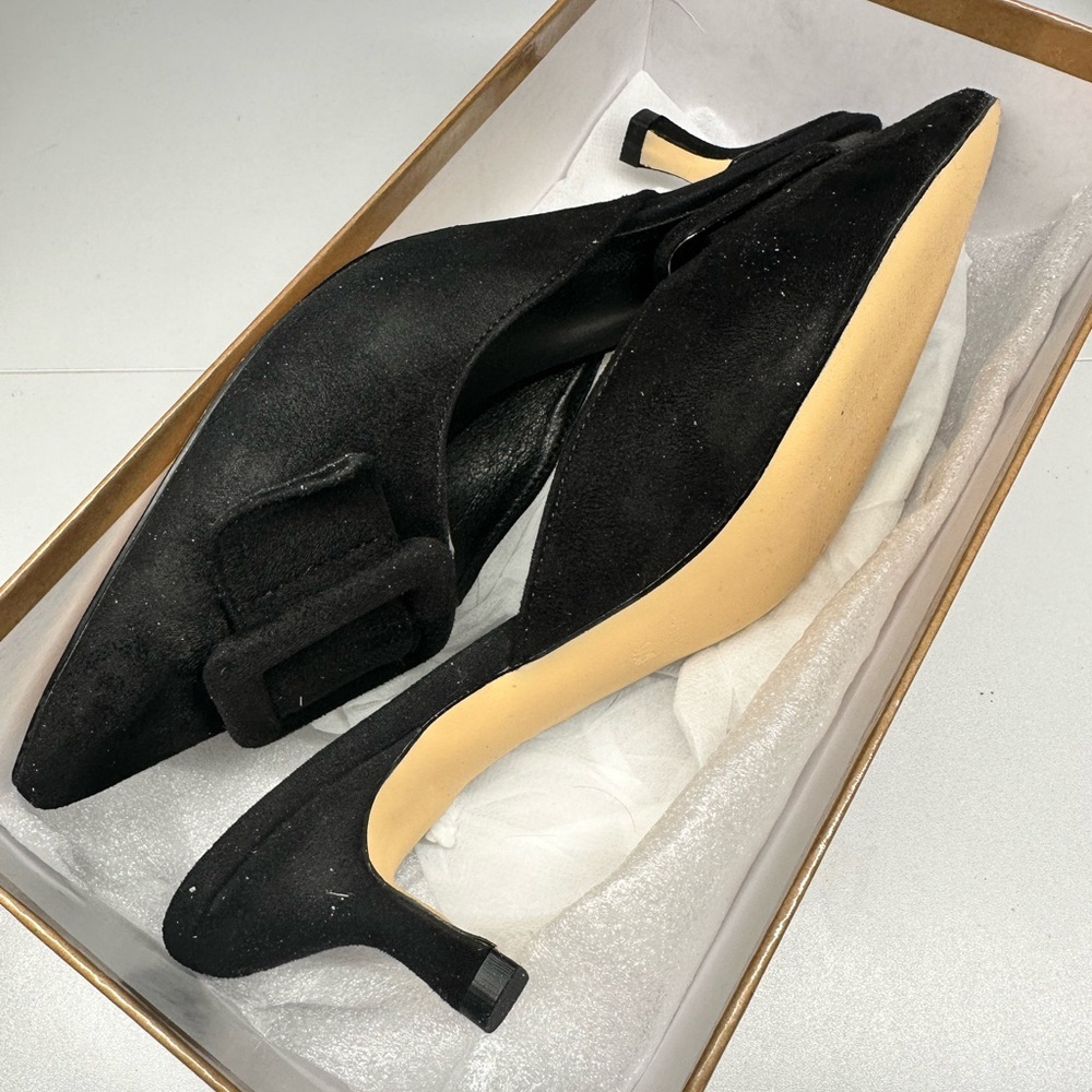 FERICZO Women’s Black “Suede” Pointed Toe Kitten Heel Mule Sz 9.5 NEW! - Picture 2 of 6
